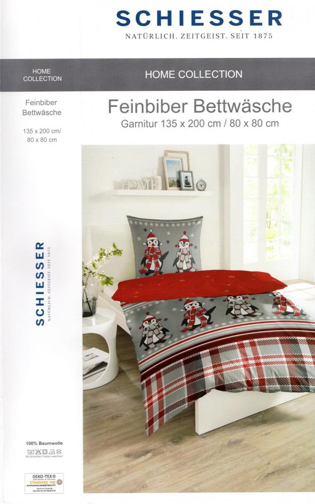 Schiesser Bettwäsche Fein-Biber - Pinguin grau/weiß/rot - 135x 200cm - Baumwolle